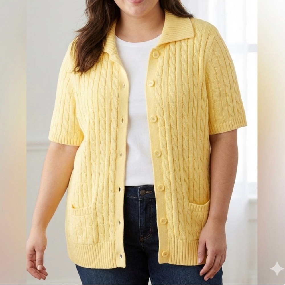 LL Bean Yellow Button Cotton Cable Short Sleeve Cardigan Sweater 1X Pockets‎